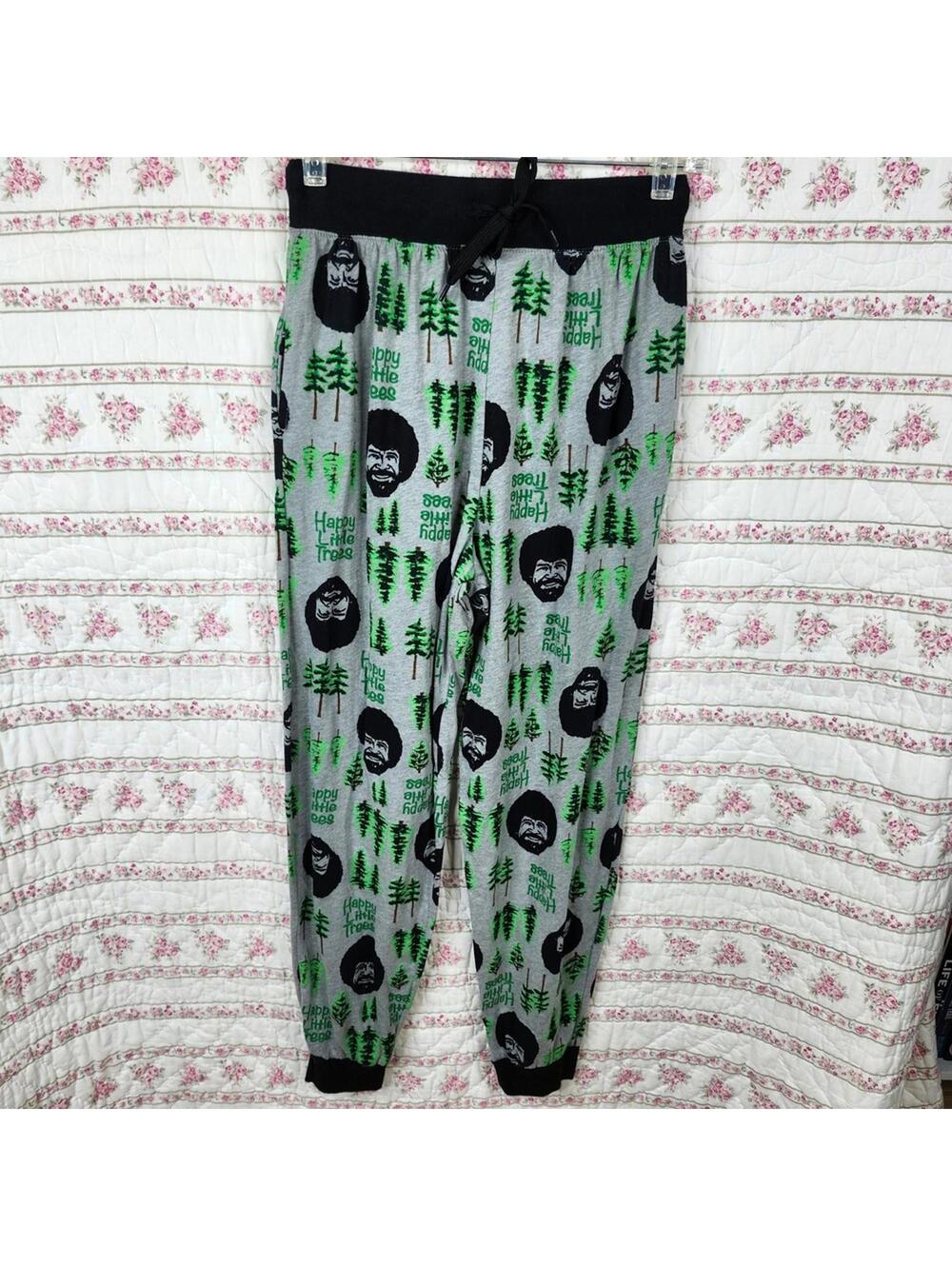 Cozy Men's Pajama Pants with Fun Bob Ross Print - Size Small